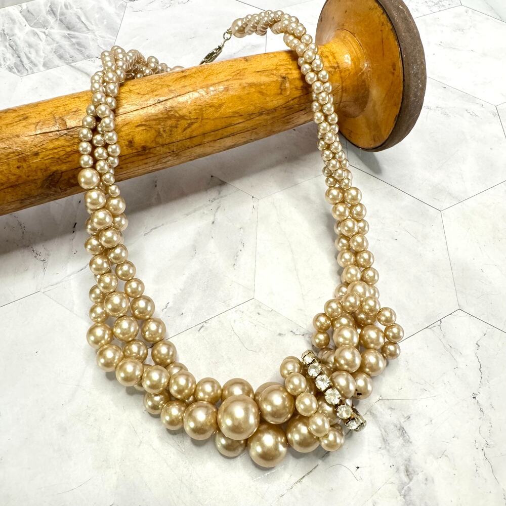 Vintage Roman Faux Pearl Necklace 3 Strand Twist Rhinestone Detail Bridal EUC